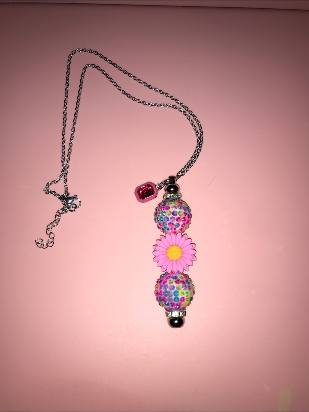 Pink Daisy Pendant Rearview Mirror Charm with Multicolor Crystal Beads